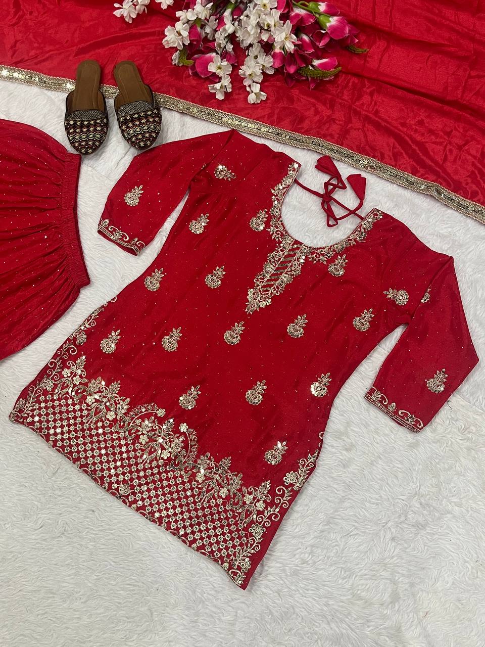 Women’s Heavy Chinon Silk Sharara Set with Dupatta | Sequence Embroidery Work | Fully Stitched Top and Palazzo | Party & Festive Wear