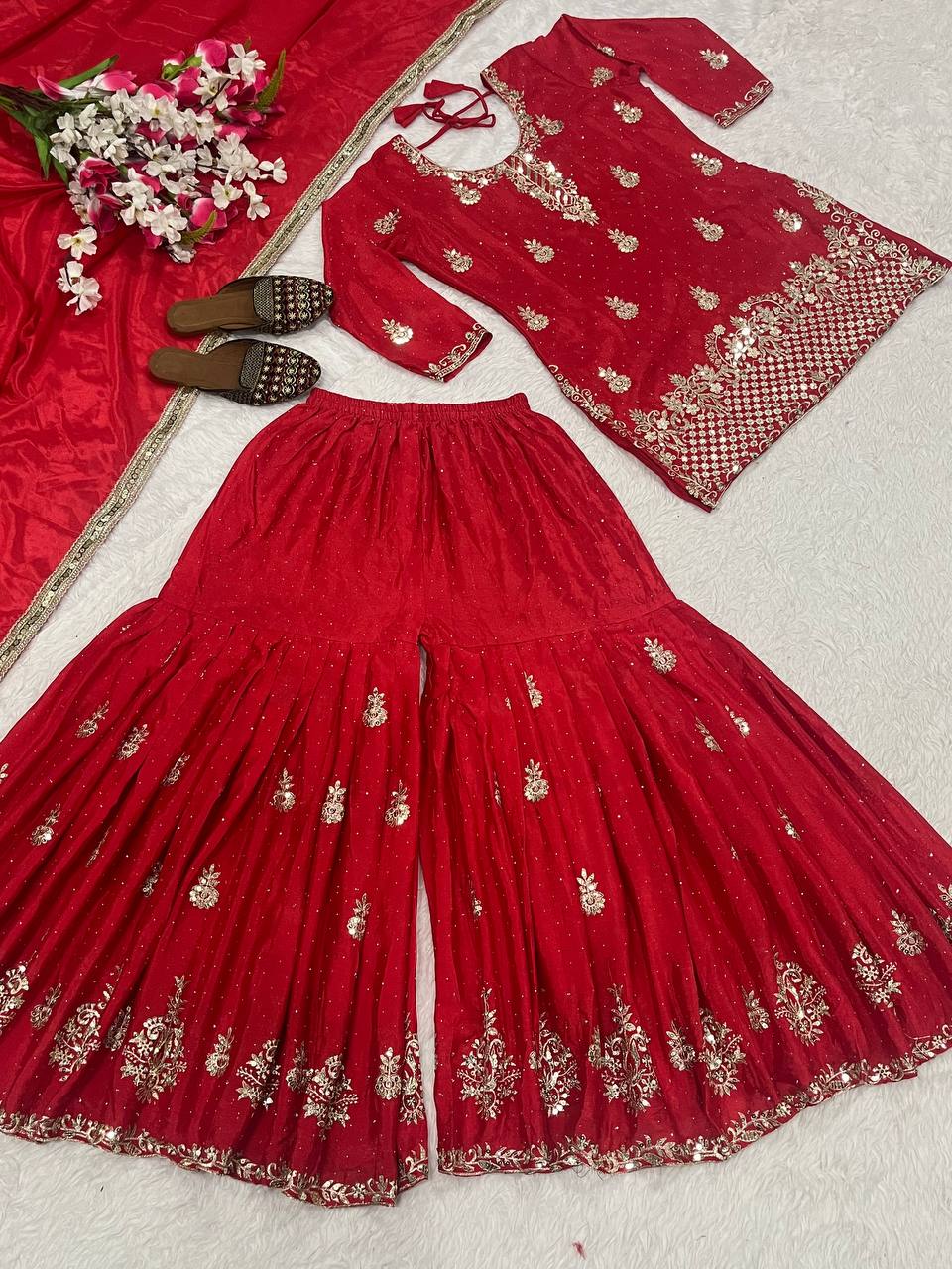 Women’s Heavy Chinon Silk Sharara Set with Dupatta | Sequence Embroidery Work | Fully Stitched Top and Palazzo | Party & Festive Wear