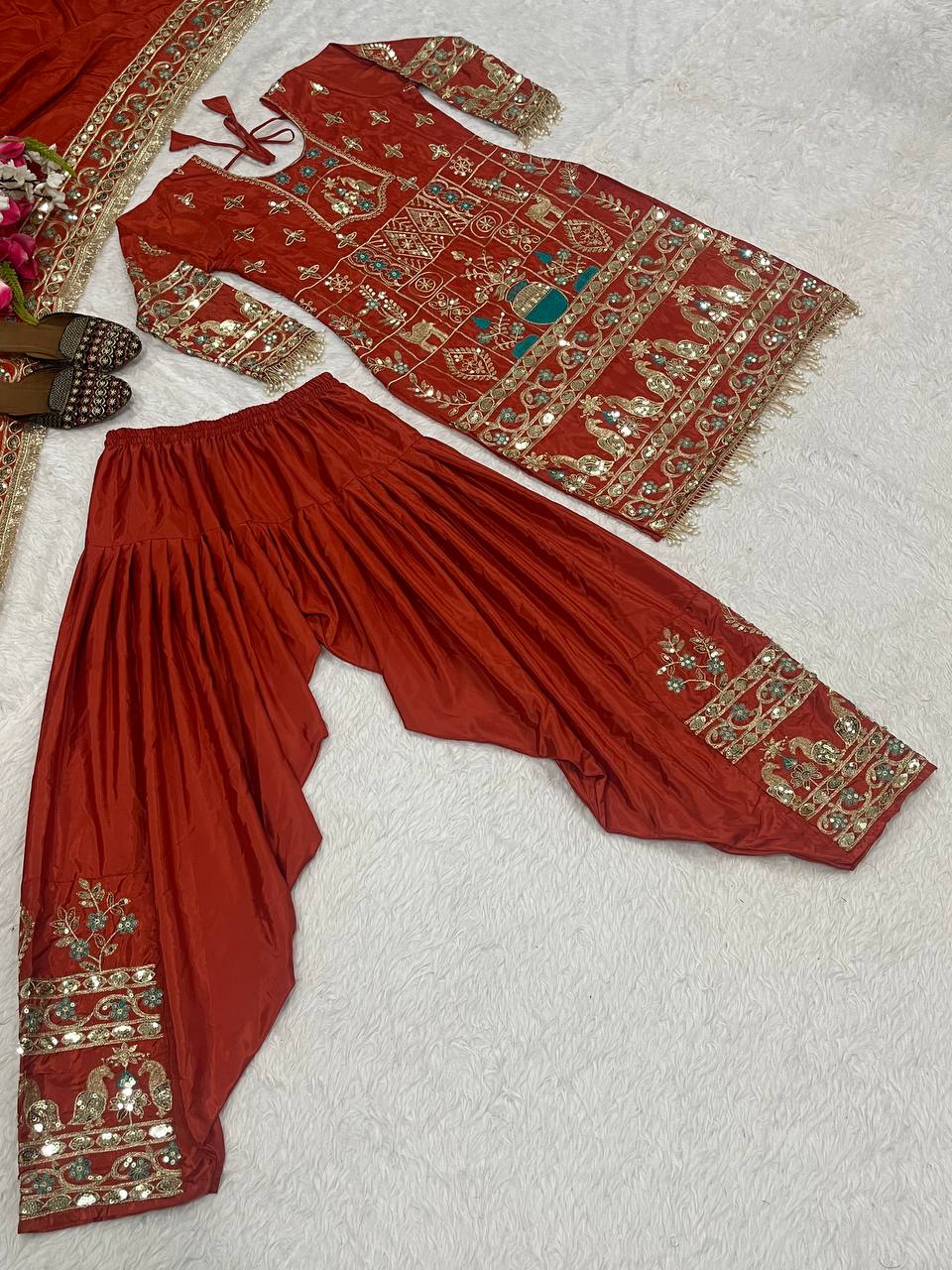 Women’s Natural Crepe Embroidered Dhoti Set with Dupatta | Sequence Work | Fully Stitched Top & Dhoti Style Bottom | Festive & Party Wear