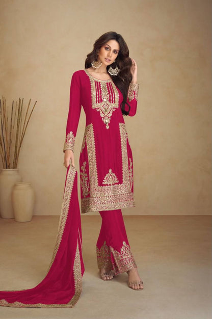 Kurti Pant 3 pcs Pair Embroidered Attractive Party Wear Chinon Silk Fabric Kurti Pair has a Regular-fit