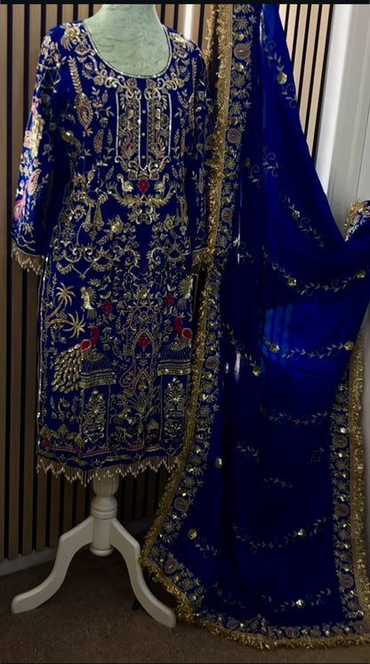 Women’s Natural Crepe Embroidered Dhoti Salwar Set with Dupatta | Sequin Work Kurti & Dhoti | Fully Stitched Party Wear Suit