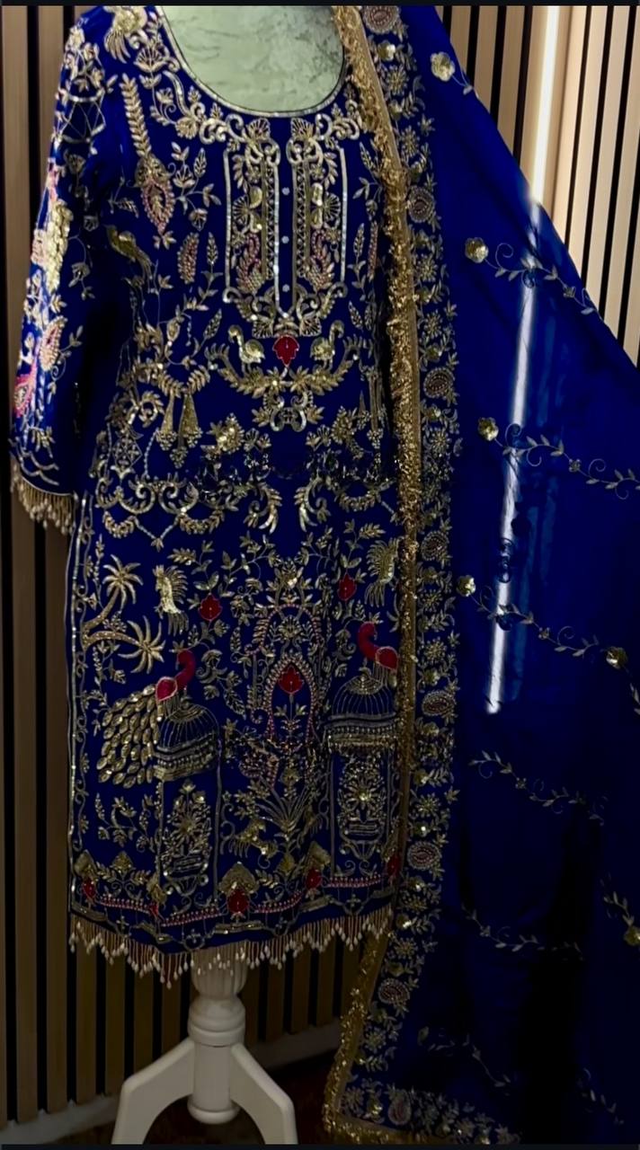 Women’s Natural Crepe Embroidered Dhoti Salwar Set with Dupatta | Sequin Work Kurti & Dhoti | Fully Stitched Party Wear Suit