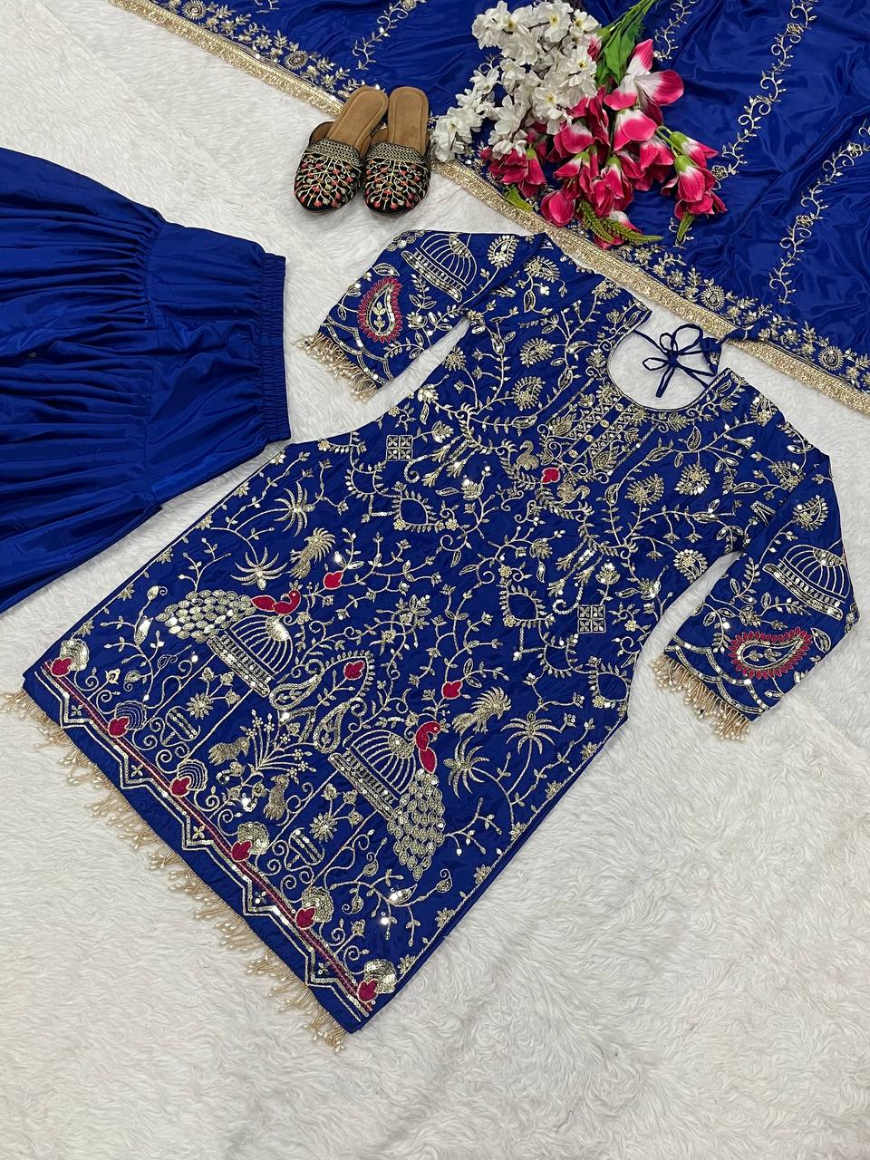 Women’s Natural Crepe Embroidered Dhoti Salwar Set with Dupatta | Sequin Work Kurti & Dhoti | Fully Stitched Party Wear Suit
