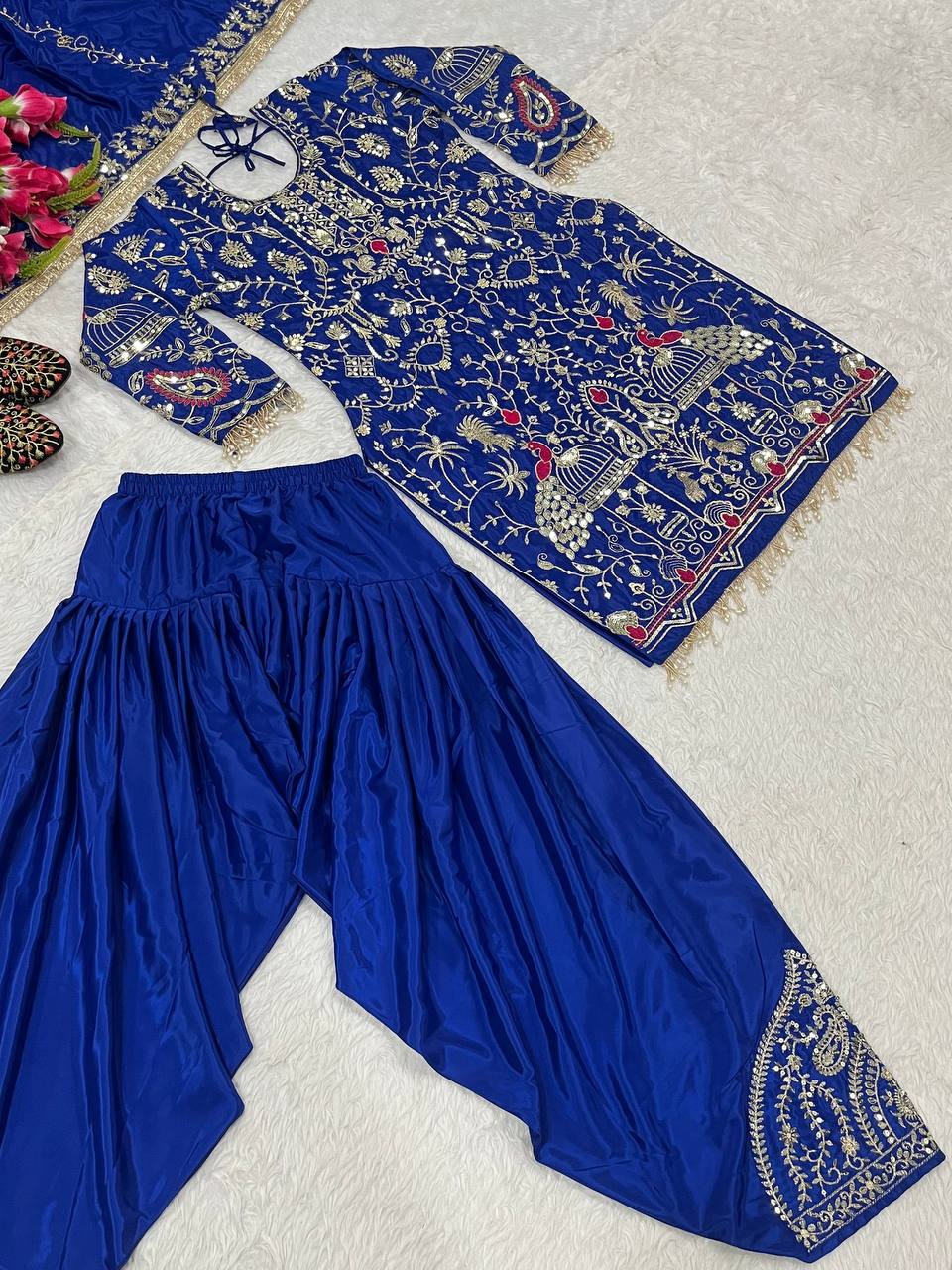 Women’s Natural Crepe Embroidered Dhoti Salwar Set with Dupatta | Sequin Work Kurti & Dhoti | Fully Stitched Party Wear Suit