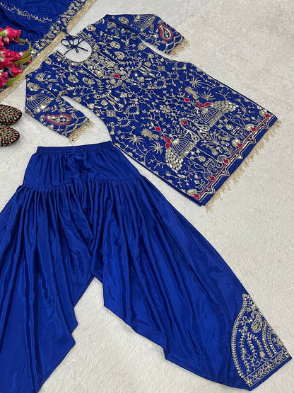 Women’s Natural Crepe Embroidered Dhoti Salwar Set with Dupatta | Sequin Work Kurti & Dhoti | Fully Stitched Party Wear Suit