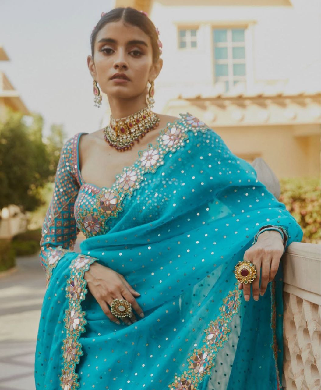 Bollywood Designer Saree for Women – Heavy Faux Georgette with Sequins & Mirror Work, Stitched Blouse