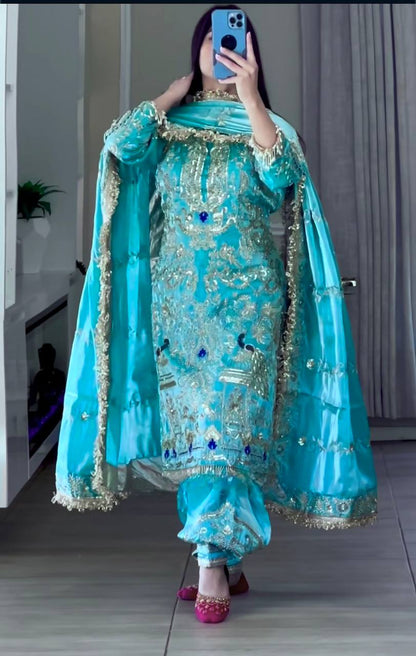 Women’s Natural Crepe Embroidered Dhoti Salwar Set with Dupatta | Sequin Work Kurti & Dhoti | Fully Stitched Party Wear Suit