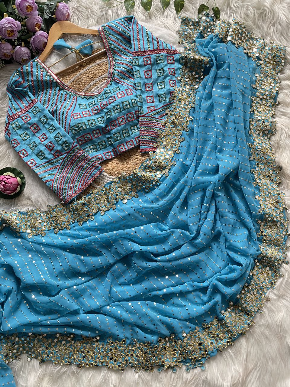 Bollywood Designer Saree for Women – Heavy Faux Georgette with Sequins & Mirror Work, Stitched Blouse