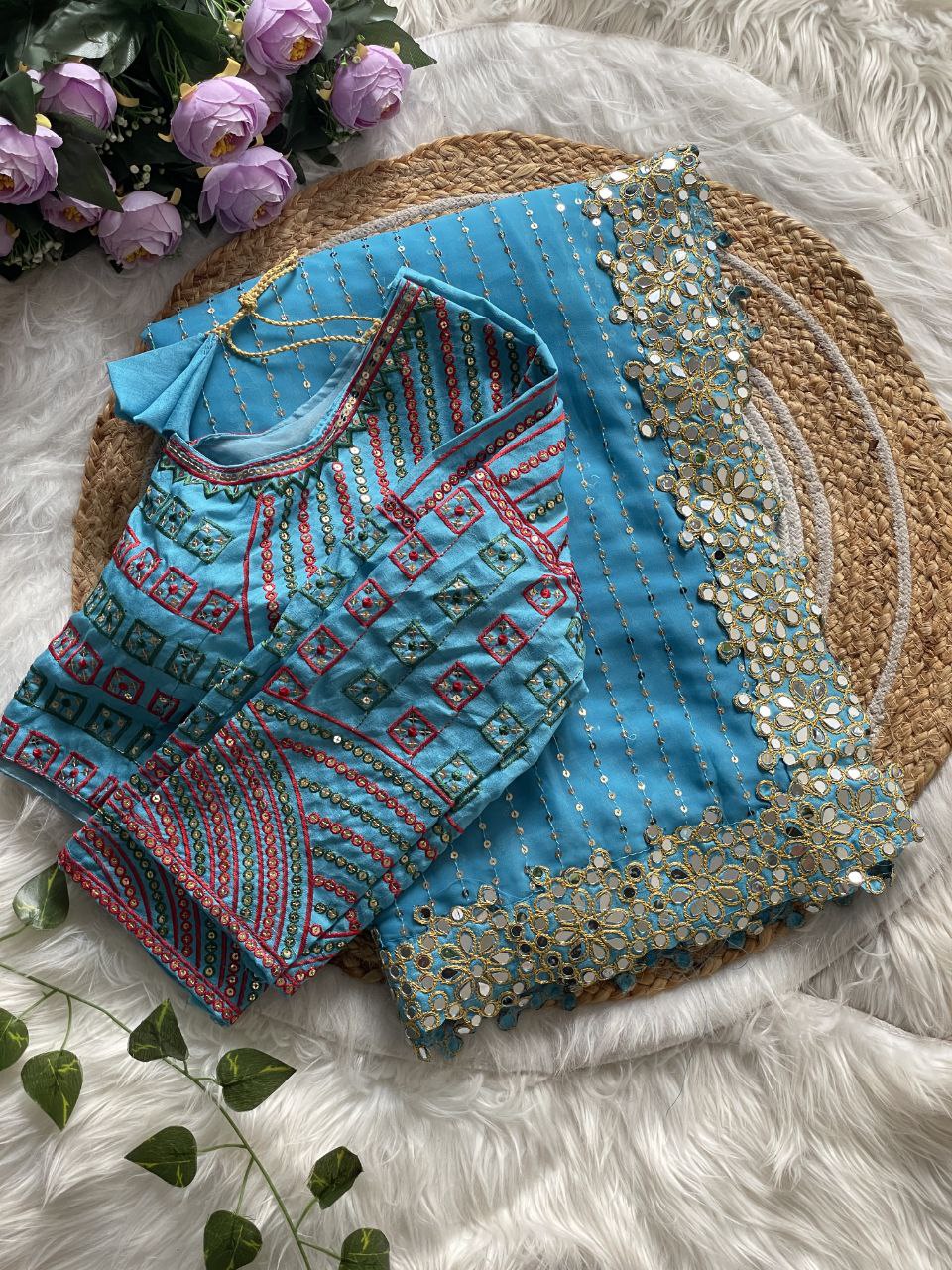 Bollywood Designer Saree for Women – Heavy Faux Georgette with Sequins & Mirror Work, Stitched Blouse