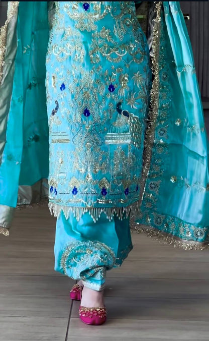 Women’s Natural Crepe Embroidered Dhoti Salwar Set with Dupatta | Sequin Work Kurti & Dhoti | Fully Stitched Party Wear Suit