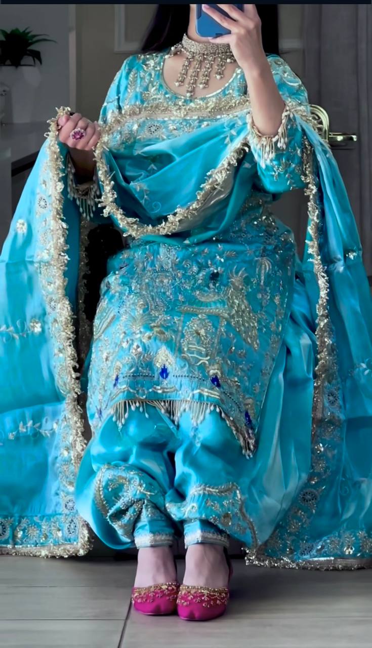 Women’s Natural Crepe Embroidered Dhoti Salwar Set with Dupatta | Sequin Work Kurti & Dhoti | Fully Stitched Party Wear Suit