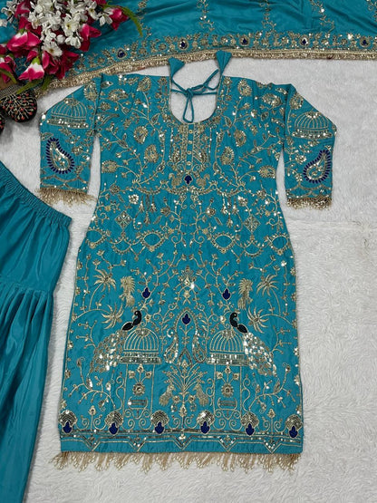 Women’s Natural Crepe Embroidered Dhoti Salwar Set with Dupatta | Sequin Work Kurti & Dhoti | Fully Stitched Party Wear Suit