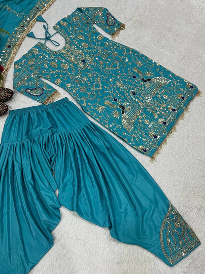 Women’s Natural Crepe Embroidered Dhoti Salwar Set with Dupatta | Sequin Work Kurti & Dhoti | Fully Stitched Party Wear Suit