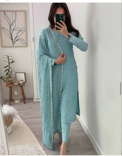 Heavy Faux Georgette With Heavy Paper Mirror Embroidery Work With Full Sleeve Fancy Top-Dupatta and Fully Stitched Bottom