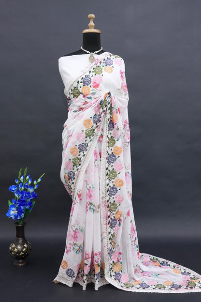 infloura Saree For Women's Pure georgette Silk With Lucknowi Thread Chikankari Work with 9Mm sequins work With Same Blouse Piece