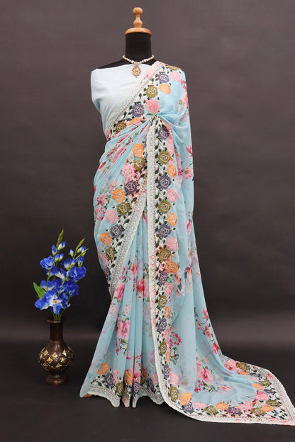 infloura Saree For Women's Pure georgette Silk With Lucknowi Thread Chikankari Work with 9Mm sequins work With Same Blouse Piece