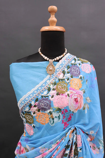 infloura Saree For Women's Pure georgette Silk With Lucknowi Thread Chikankari Work with 9Mm sequins work With Same Blouse Piece