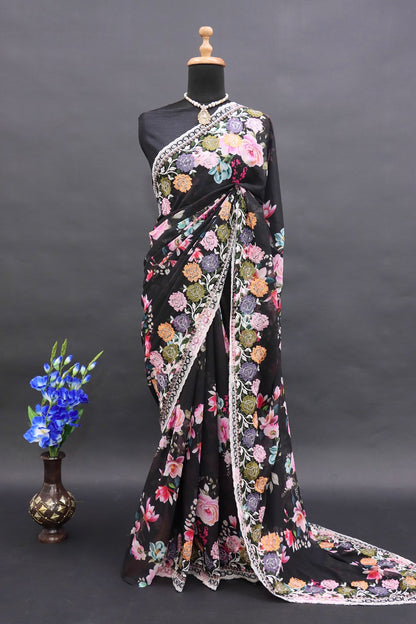 infloura Saree For Women's Pure georgette Silk With Lucknowi Thread Chikankari Work with 9Mm sequins work With Same Blouse Piece