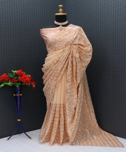 Cream Color Party ware Faux Georgette saree For Women,bollywood stylish Royal Look saree With Unstiched Silk Blouse Piece