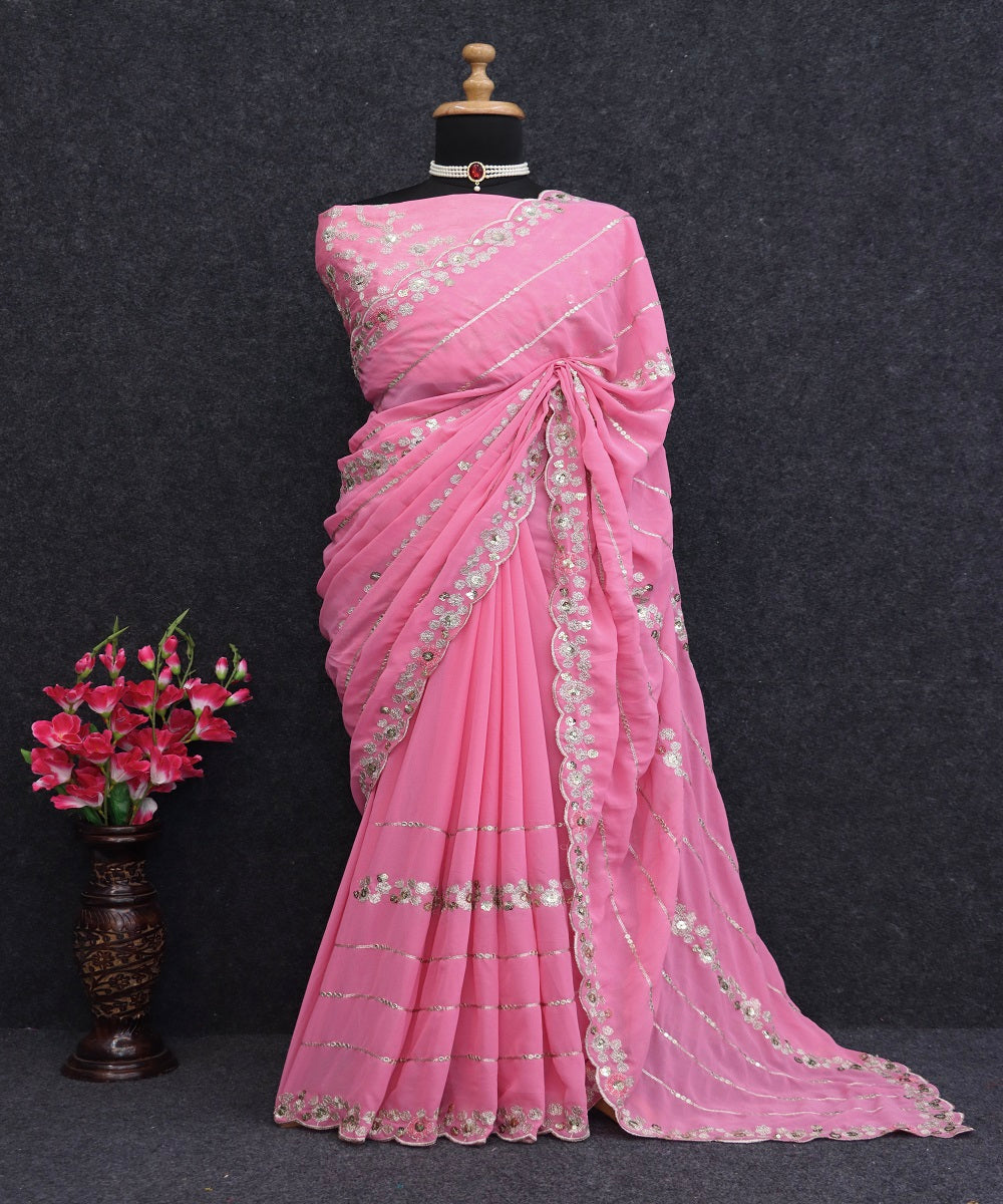 Pink Tranding Faux Georgette  Sequence Work Saree With Fancy Thread Work