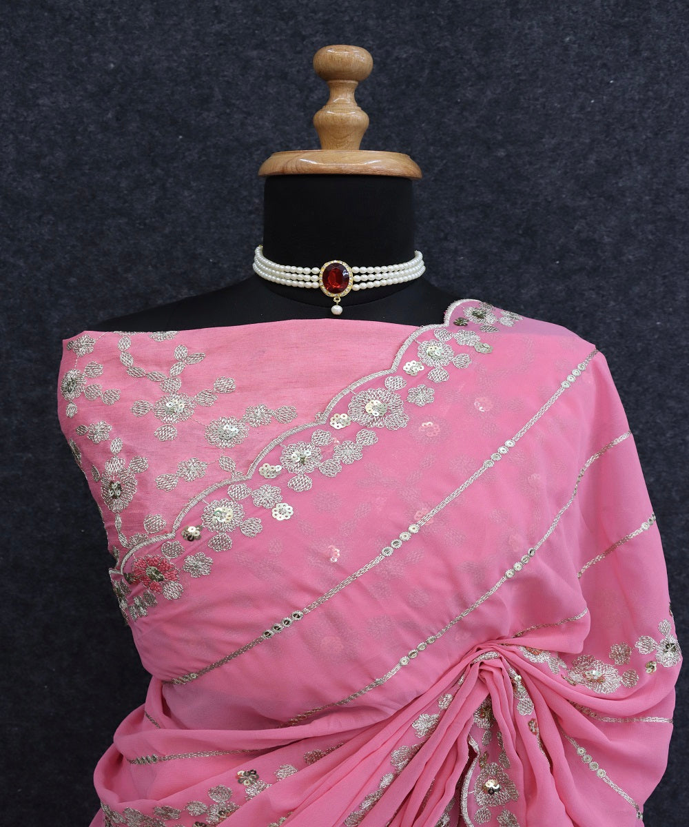 Pink Tranding Faux Georgette  Sequence Work Saree With Fancy Thread Work