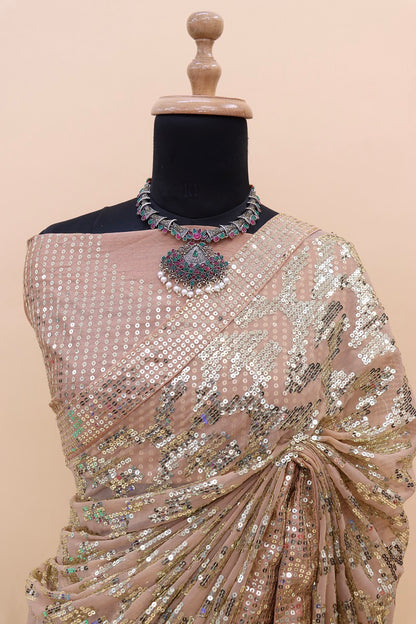 Women Faux Georgette Fabric Beige Color Saree With All Over Sequins Embroidery work Bollywood saree
