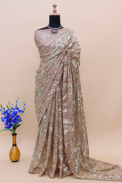 Women Faux Georgette Fabric Beige Color Saree With All Over Sequins Embroidery work Bollywood saree