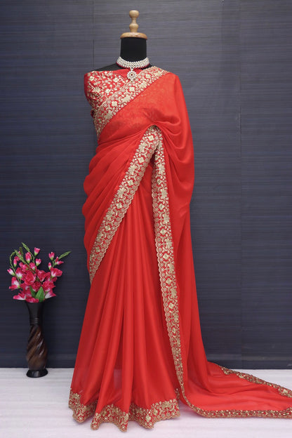 Madhuri Dixit Red Color Soft georgette Gold thread Zari and sequence work Wedding Party Wear Saree