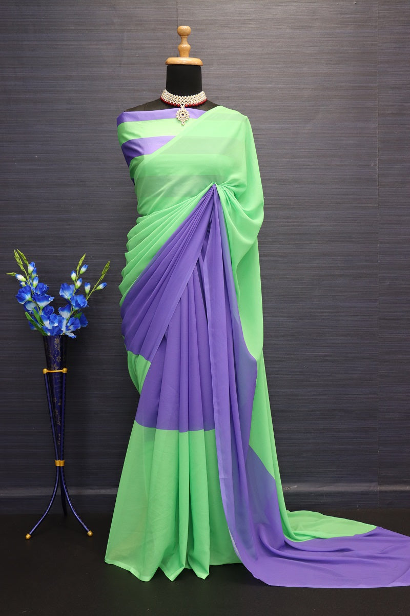 Green&Purple Women's Bollywood Digital Printed Faux Georgette Saree With Tafeta Silk Blouse(Un-Stiched)