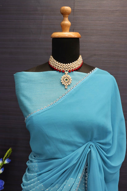Women's Beutiful Faux Georgette Sky Blue Coloured Saree With Mono Benglori Silk Blouse