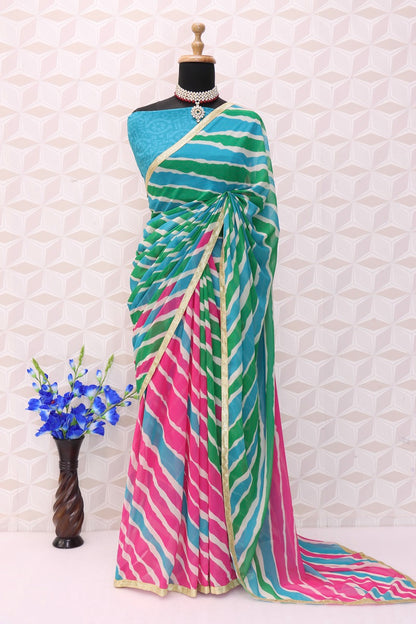 GREEN-Pink Alia bhatt Rocky and Rani Movie saree-Bridesmaid Georgette Bandhani Print  Designer Boarder Saree with Blouse partywear saree