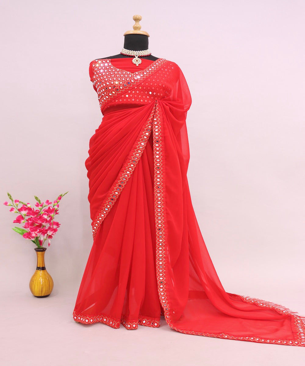 Red Color Women's Bollywood Fancy Georgette Saree With Unstitched Mirror Worked Blouse