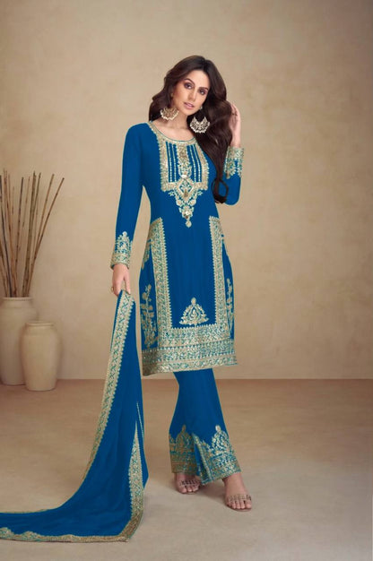 Kurti Pant 3 pcs Pair Embroidered Attractive Party Wear Chinon Silk Fabric Kurti Pair has a Regular-fit