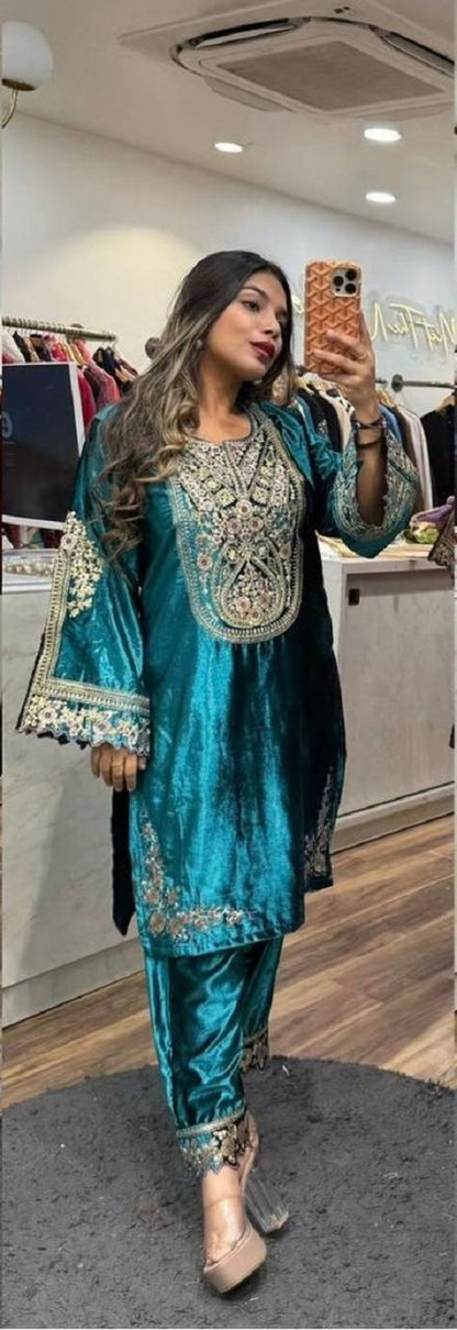 Designer Heavy Viscose Velvet Suit Set with Full Embroidery & Sequins Work Fully Stitched Top and Pant for Women Party & Wedding Wear