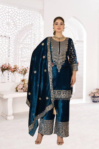 Designer Heavy Viscose Velvet Suit Set with Full Embroidery & Sequins Work, Fully Stitched Top, Pant & Dupatta Party & Wedding Wear for Women