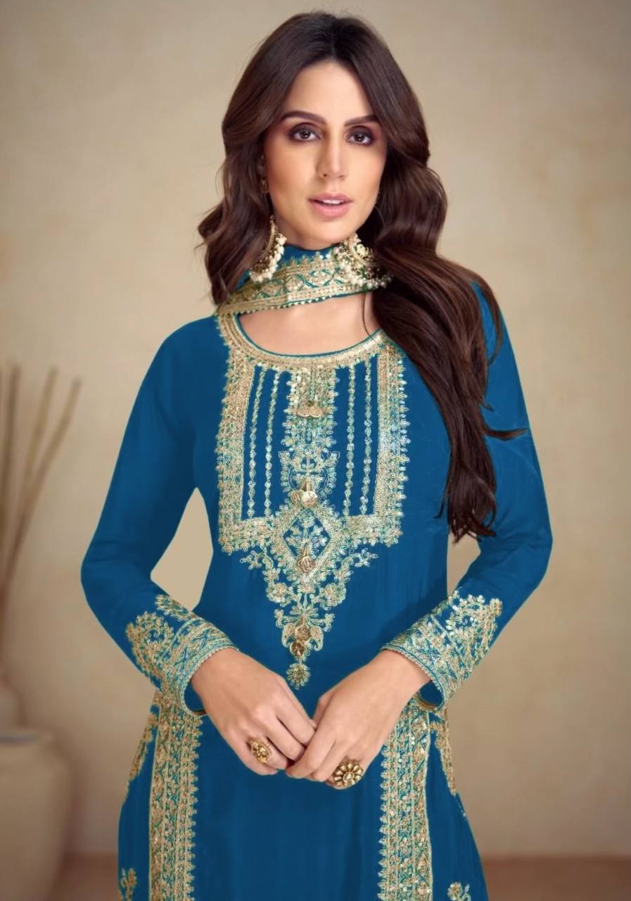 Kurti Pant 3 pcs Pair Embroidered Attractive Party Wear Chinon Silk Fabric Kurti Pair has a Regular-fit