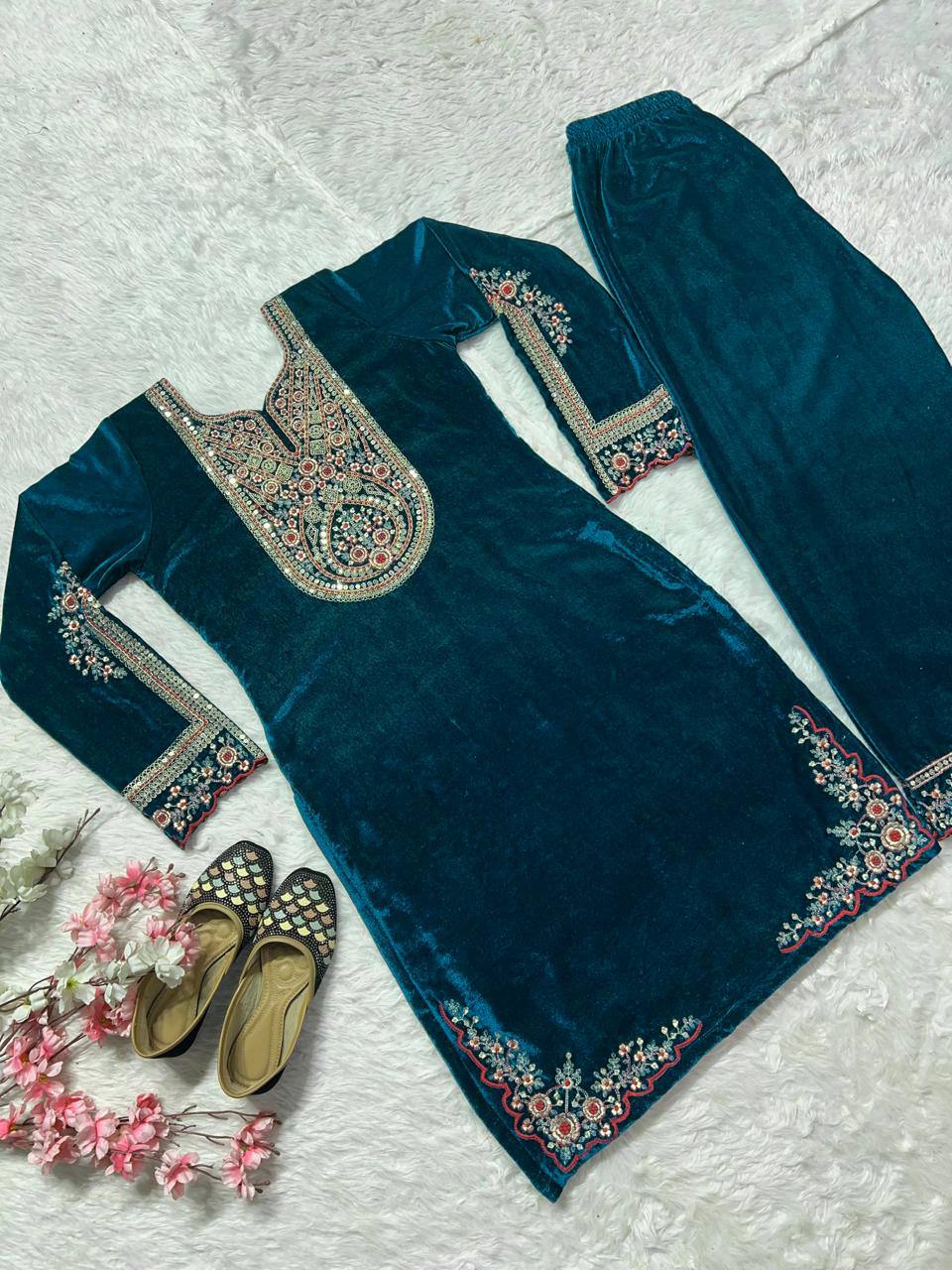 Designer Heavy Viscose Velvet Suit Set with Full Embroidery & Sequins Work Fully Stitched Top and Pant for Women Party & Wedding Wear