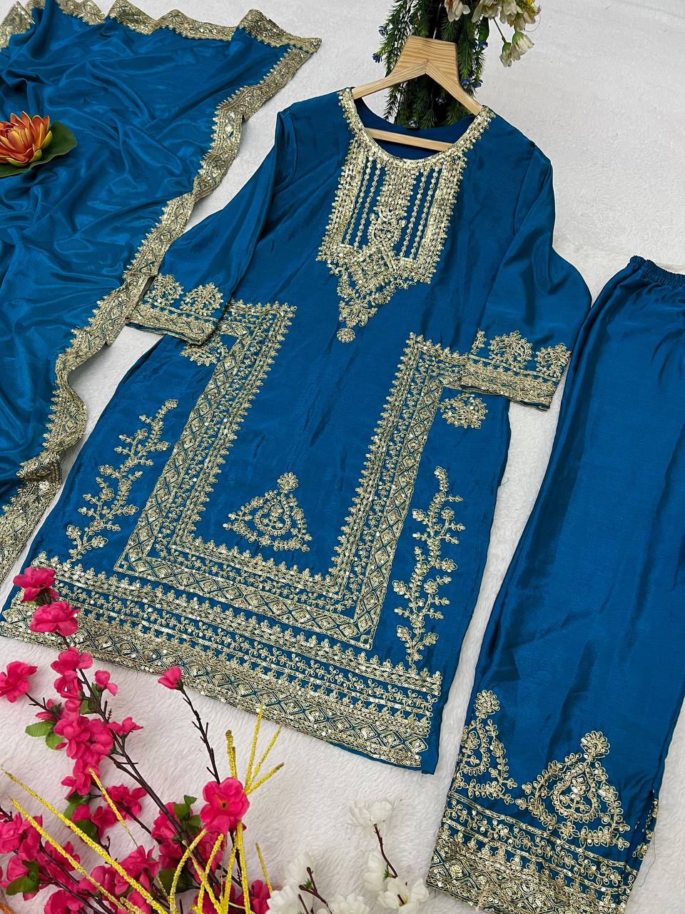 Kurti Pant 3 pcs Pair Embroidered Attractive Party Wear Chinon Silk Fabric Kurti Pair has a Regular-fit