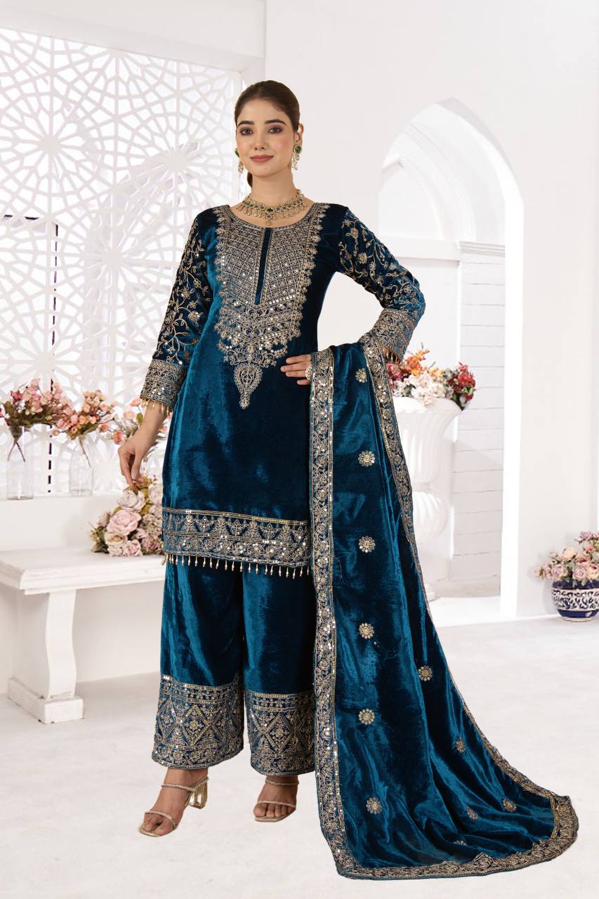 Designer Heavy Viscose Velvet Suit Set with Full Embroidery & Sequins Work, Fully Stitched Top, Pant & Dupatta Party & Wedding Wear for Women