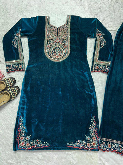 Designer Heavy Viscose Velvet Suit Set with Full Embroidery & Sequins Work Fully Stitched Top and Pant for Women Party & Wedding Wear