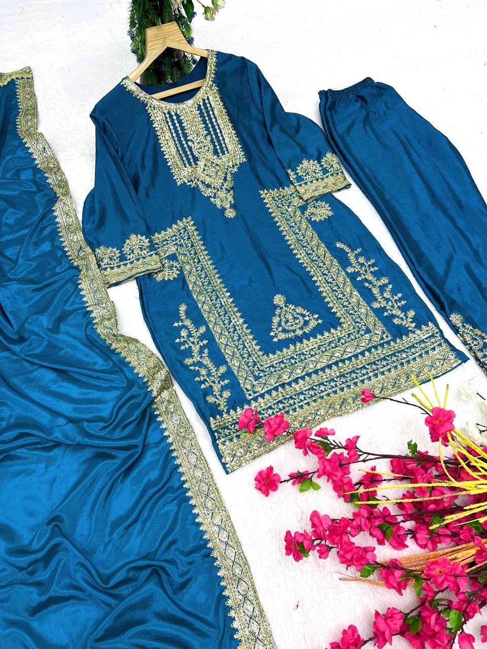 Kurti Pant 3 pcs Pair Embroidered Attractive Party Wear Chinon Silk Fabric Kurti Pair has a Regular-fit