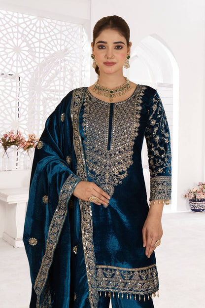 Designer Heavy Viscose Velvet Suit Set with Full Embroidery & Sequins Work, Fully Stitched Top, Pant & Dupatta Party & Wedding Wear for Women