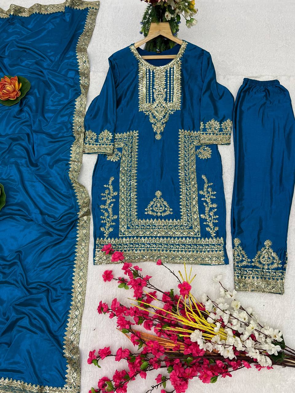 Kurti Pant 3 pcs Pair Embroidered Attractive Party Wear Chinon Silk Fabric Kurti Pair has a Regular-fit