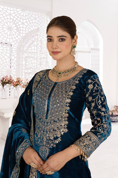 Designer Heavy Viscose Velvet Suit Set with Full Embroidery & Sequins Work, Fully Stitched Top, Pant & Dupatta Party & Wedding Wear for Women