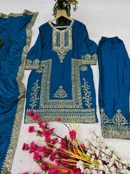 Kurti Pant 3 pcs Pair Embroidered Attractive Party Wear Chinon Silk Fabric Kurti Pair has a Regular-fit