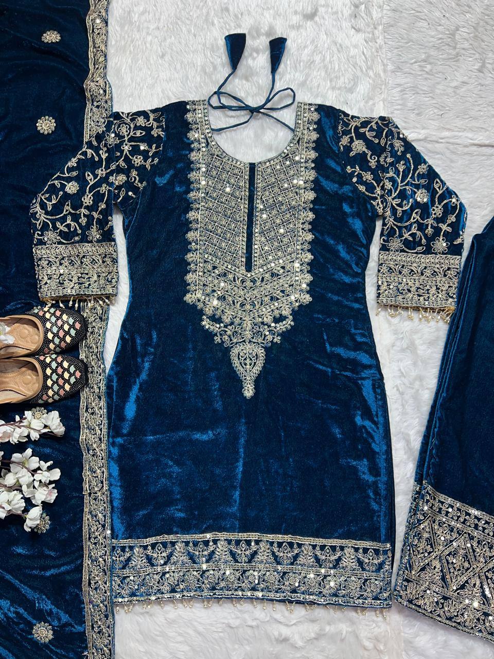 Designer Heavy Viscose Velvet Suit Set with Full Embroidery & Sequins Work, Fully Stitched Top, Pant & Dupatta Party & Wedding Wear for Women