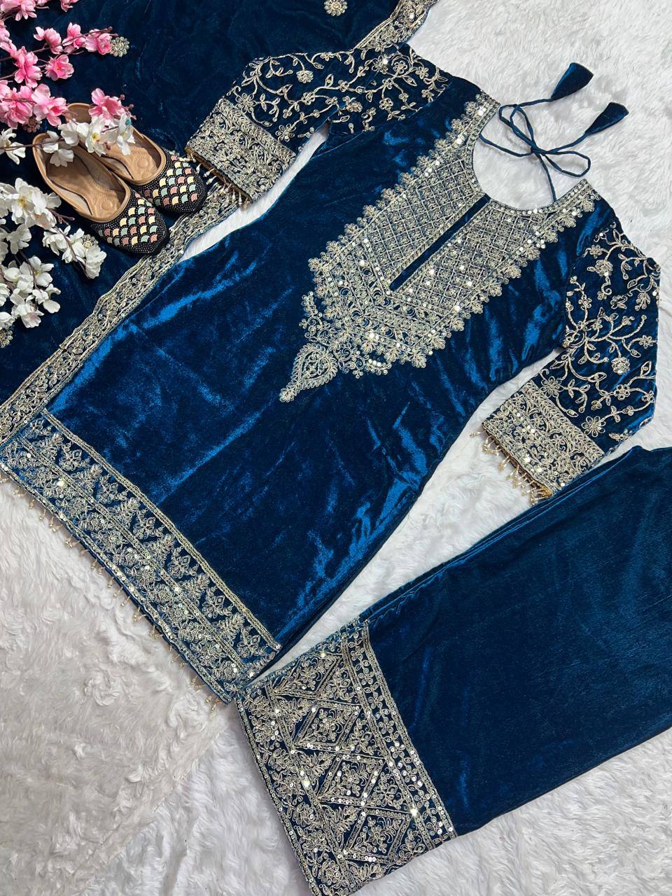 Designer Heavy Viscose Velvet Suit Set with Full Embroidery & Sequins Work, Fully Stitched Top, Pant & Dupatta Party & Wedding Wear for Women