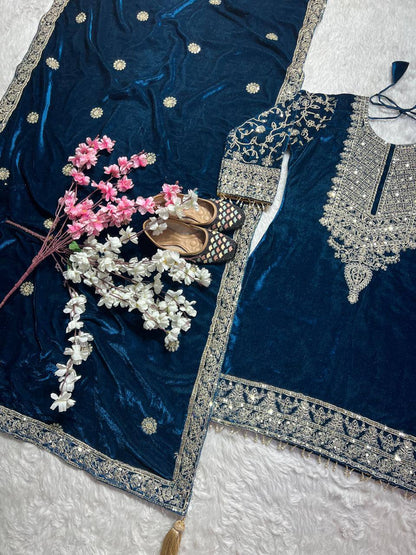 Designer Heavy Viscose Velvet Suit Set with Full Embroidery & Sequins Work, Fully Stitched Top, Pant & Dupatta Party & Wedding Wear for Women