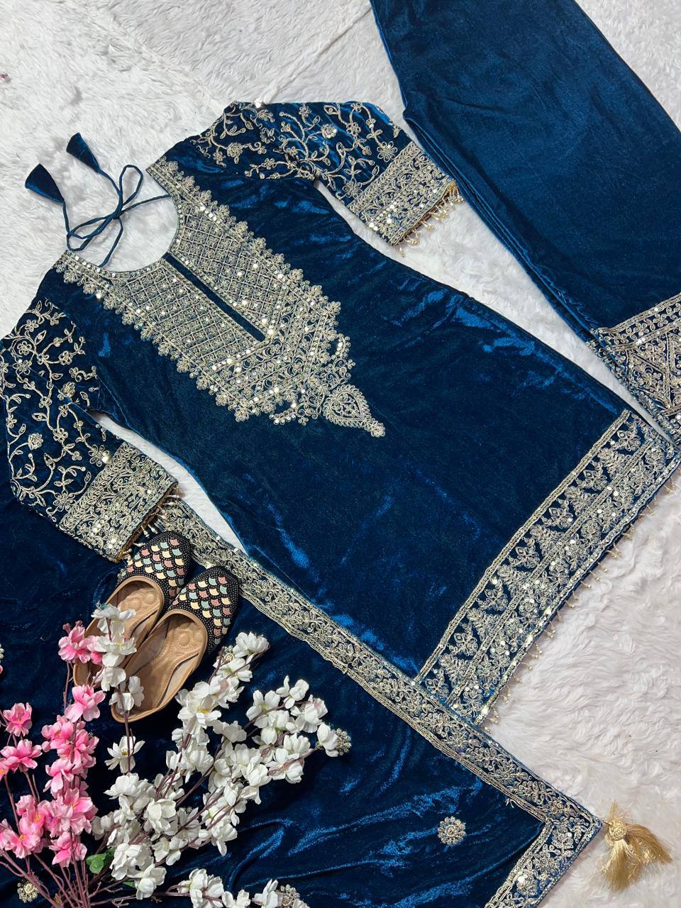 Designer Heavy Viscose Velvet Suit Set with Full Embroidery & Sequins Work, Fully Stitched Top, Pant & Dupatta Party & Wedding Wear for Women
