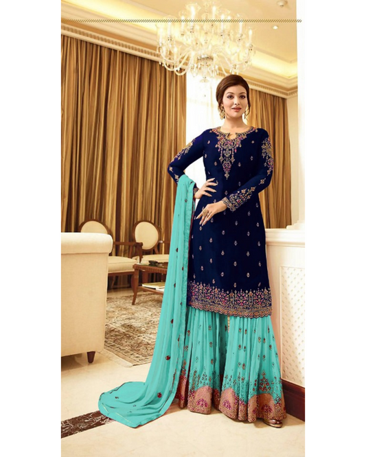 Blue Designer Georgette Pakistani Style Salwar Kameez Wedding Party Wear Anarkali Suit With Palazzo Salwar Suit For Women